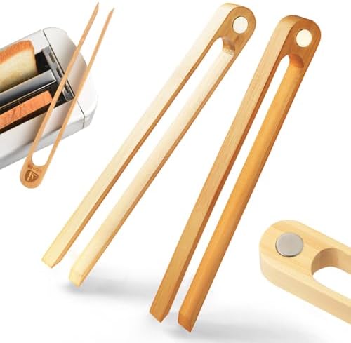 Magnetic Bamboo Toaster Tongs: 100% Natural 8.7” Wood Kitch…